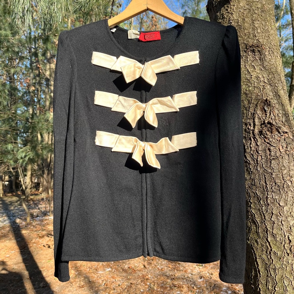 90s Valentino Night Knit Bow Cardigan Sweater Size S Coquette Girly Zip-Up